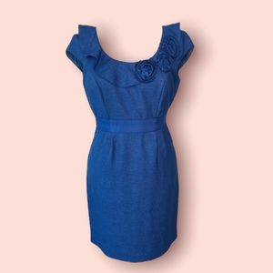 Kay Unger Blue Tweed Pencil Dress Scoop Neck with 3D Rosettes Womens Size 8